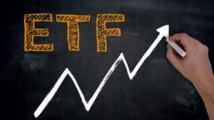 A person drawing a line graph with the phrase "ETF" in large letters on a chalkboard. index funds to buy