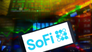 SoFi Technologies, Inc logo with stock market chart background. is an American online personal finance company and online bank.