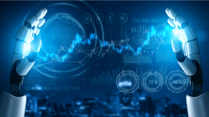 A concept image of robot hands with stock information in between them. Robotics stocks to buy