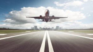 a jet takes off on a clear runway.