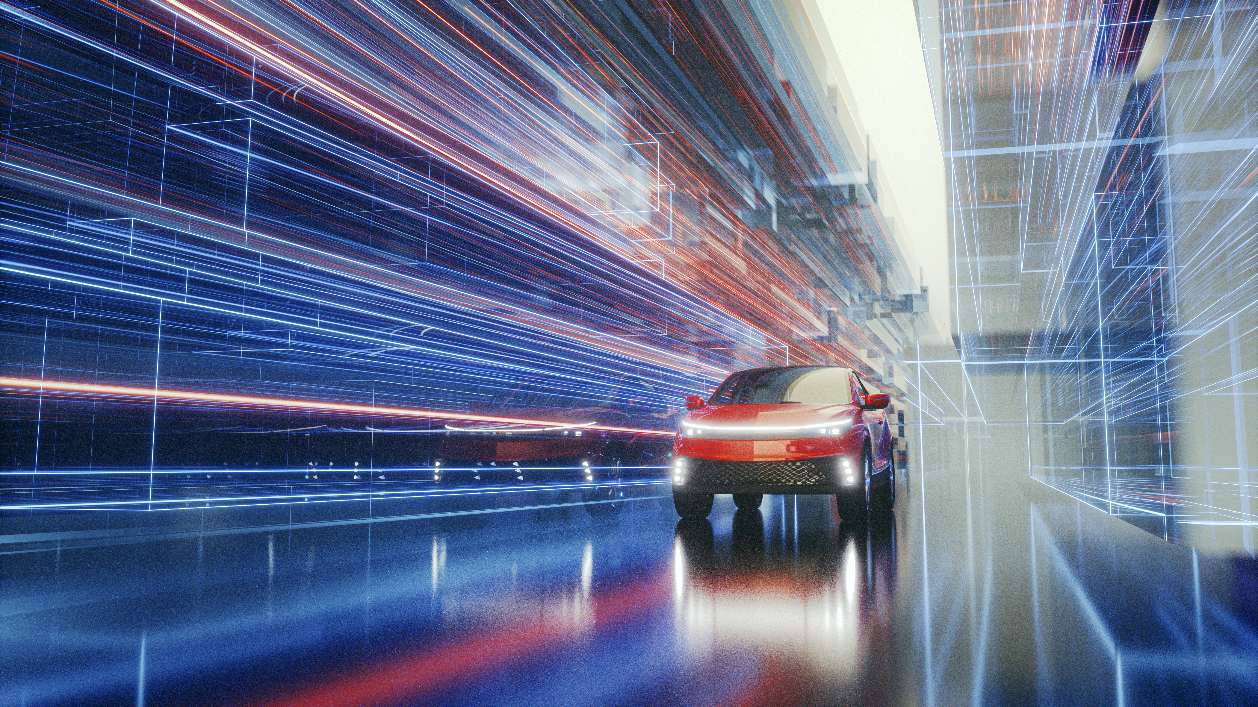 Futuristic car speeding through lights. 