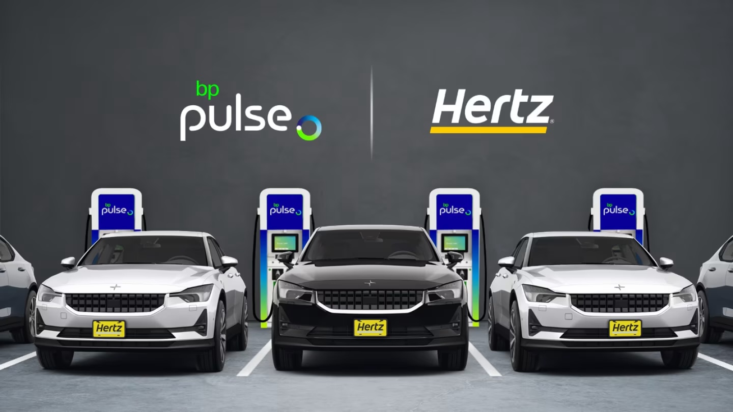 Polestar EVs belonging to Hertz's rental fleet are shown at a BP Pulse EV charging station. 