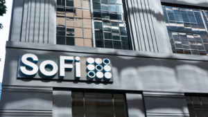 SoFi logo sign on headquarters facade. Social Finance is an online personal finance company.