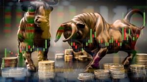 A digital image of a bronze bull and bear overlaid with a technical chart and images of coins; bear markets vs. bull markets