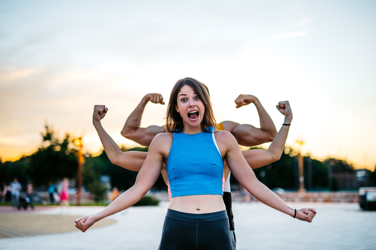 Three people in a row in various stages of making a muscle with their arms..