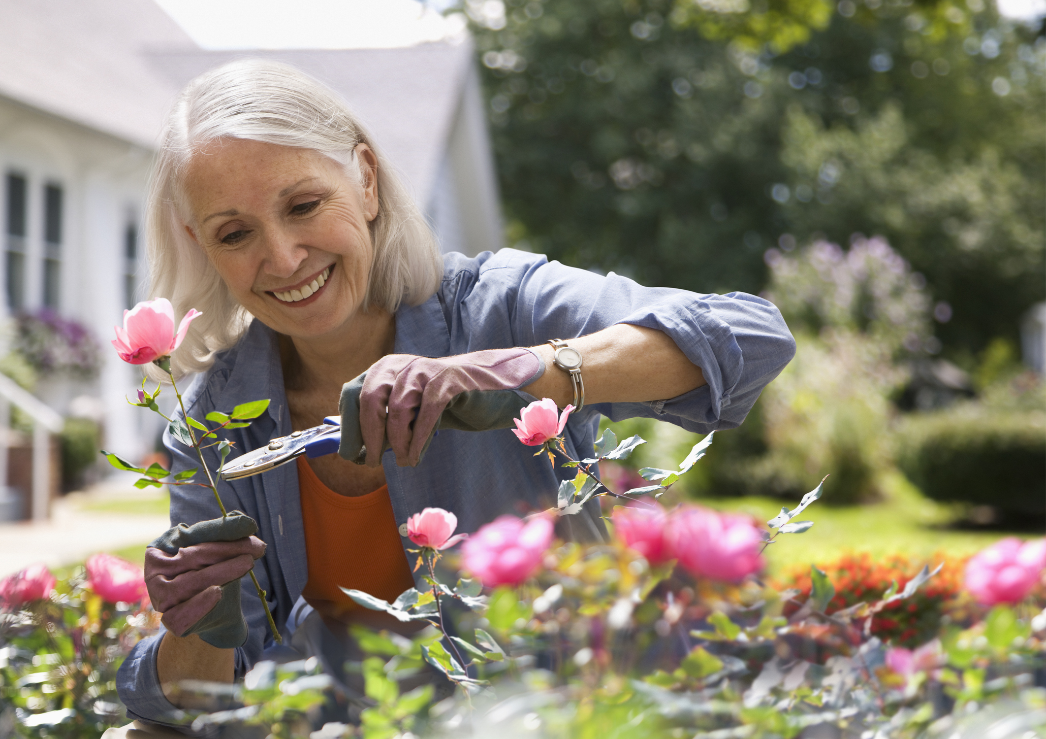 A person smiling and cutting flowers in a garden.