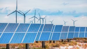 solar and wind power in coastal saline and alkaline land, develop shoals background representing solar stocks.