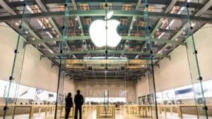 Apple (AAPL) logo on an Apple store in Santa Monica, California.