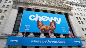 The Chewy logo on a banner at the New York Stock Exchange.