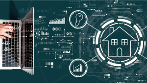 An image of a laptop with data imposed above; icons of a home, key and graph