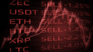 Crypto Currency market panic sell concept. Double exposure of digital coins price drop and technical chart. Both are in red color theme to indicate the bearish stage. Cryptos to sell. cryptocurrencies to sell