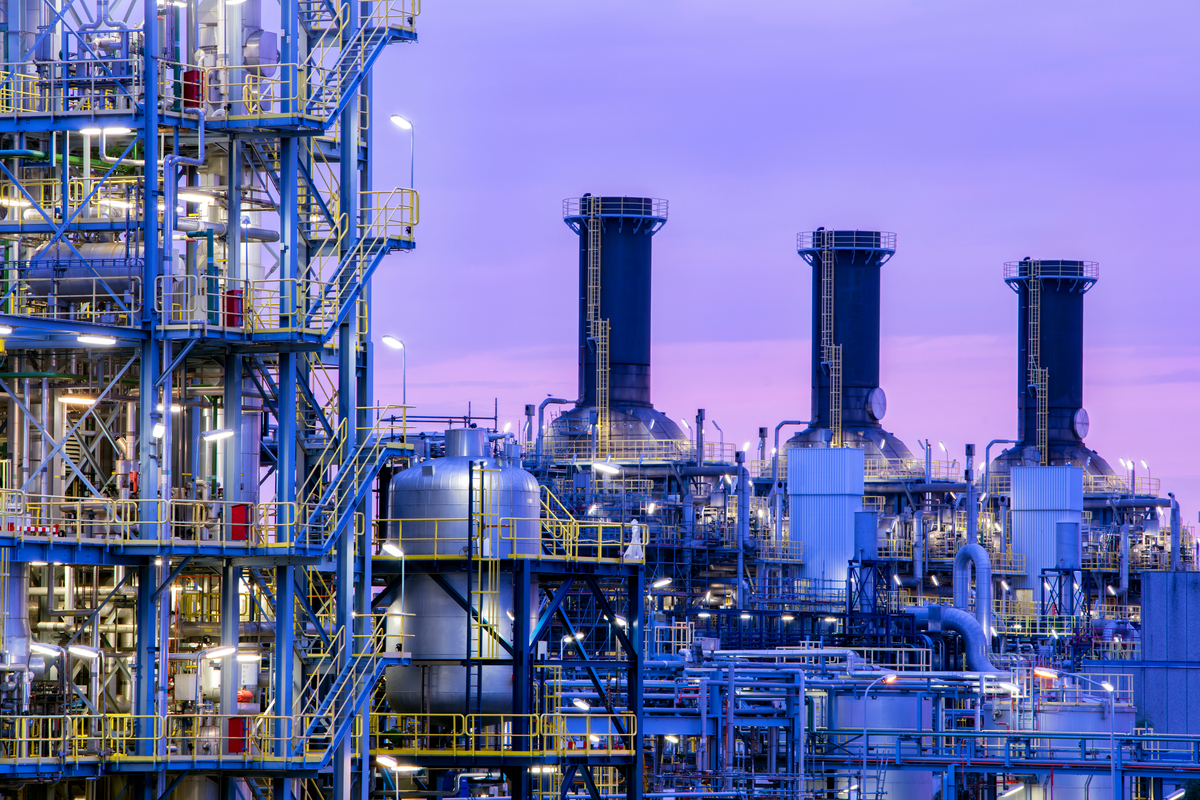 A chemical plant at dusk. 