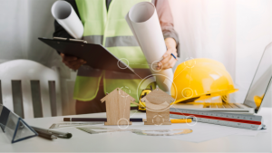 A photo of a person in a neon green vest holding blueprints and standing behind a white table covered with supplies like pencils, a computer, a ruler and two wooden house shapes. Homebuilder Stocks