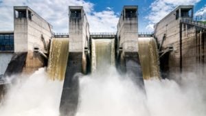 Water rushing out of a hydroelectric dam.