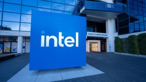 Intel (INTC) logo is seen outside of the Robert Noyce Building at Intel Corporation's headquarters in Santa Clara, California.