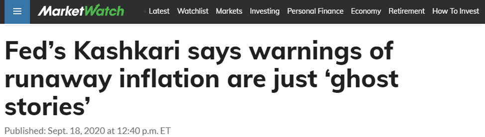 MarketWatch headline about the Fed's Kashkari downplaying inflation back in 2020