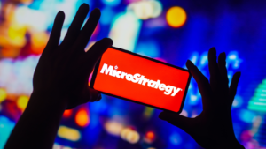 In this photo illustration, the MicroStrategy (MSTR) Incorporated logo is displayed on a smartphone screen