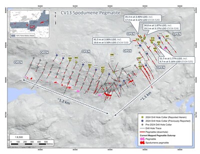 Figure 2: Drill holes completed at the CV13 Spodumene Pegmatite through April 2024. (CNW Group/Patriot Battery Metals Inc.)