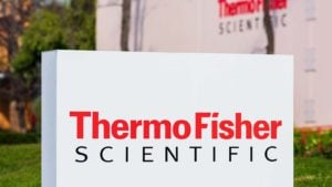 A Thermo Fisher Scientific sign out front of an office in Silicon Valley, California.