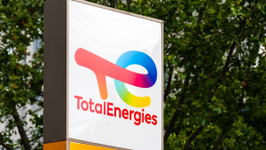 Logo on the sign of a TotalEnergies (TTE) gas station, new name of the French oil company Total