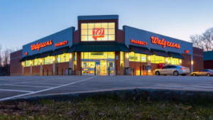 Landscape Night View of Walgreen's Pharmacy Building Exterior. WBA stock