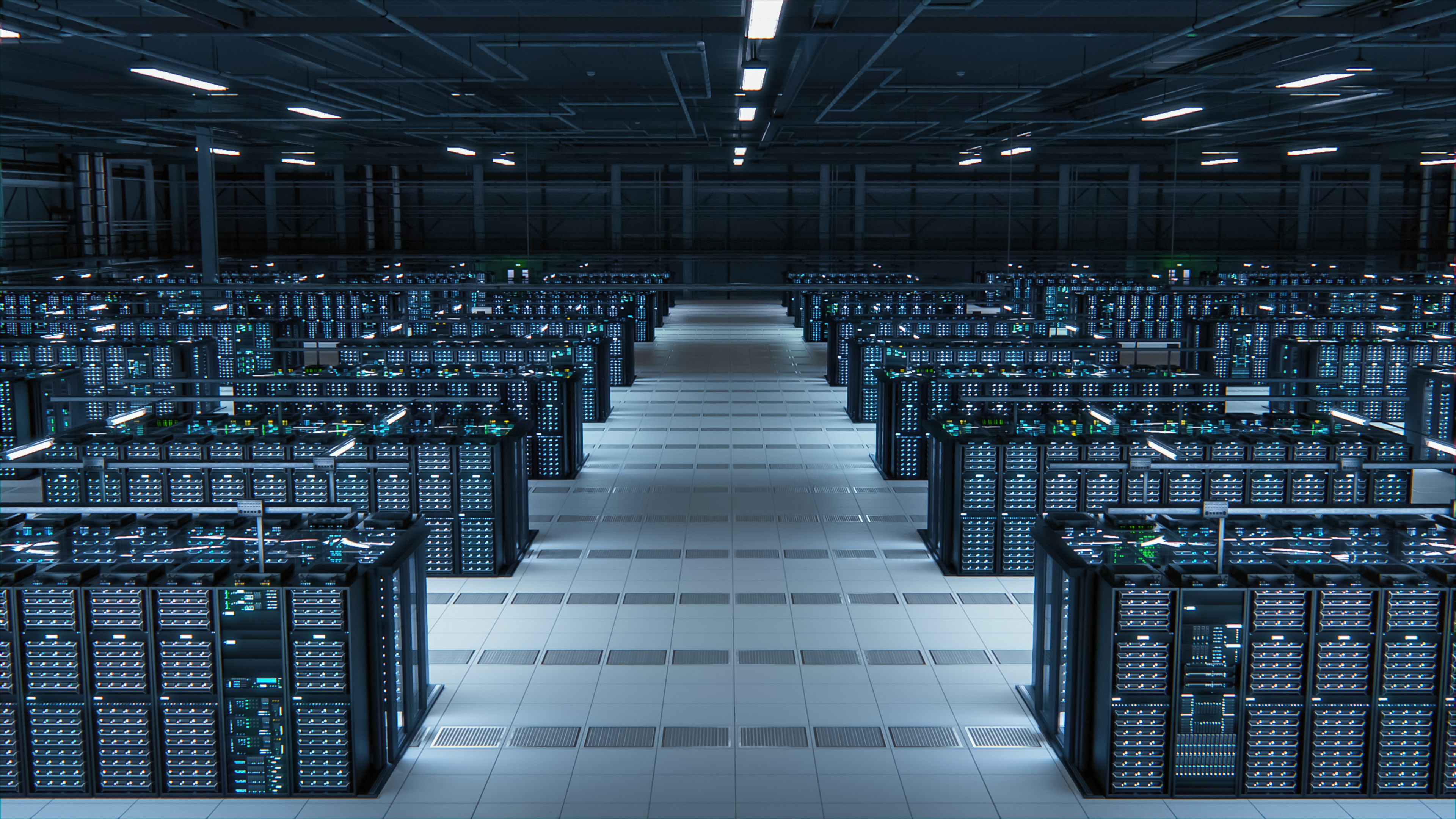 Large data center filled with server racks. 