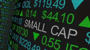 Small cap displayed on a Wall Street ticker board. Small cap stocks. Small-cap stocks.