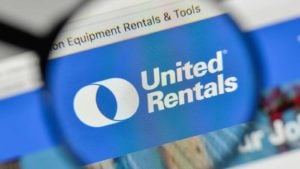 A magnifying glass zooms in on the website for United Rentals (URI).