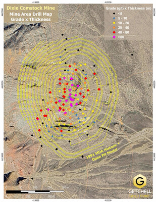 Figure 3: Dixie Comstock drill hole location map showing MDA's 1991 open pit mine model (CNW Group/Getchell Gold Corp.)