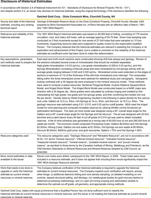 Disclosure of Historical Estimates - Dixie Comstock Mine (CNW Group/Getchell Gold Corp.)