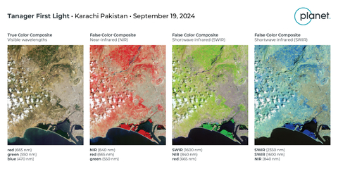 Tanager first light images of Karachi, Pakistan taken on September 19th, 2024. Each of these images is composed of 3 of the over 420 bands that Tanager collects with each capture. (Graphic: Business Wire)