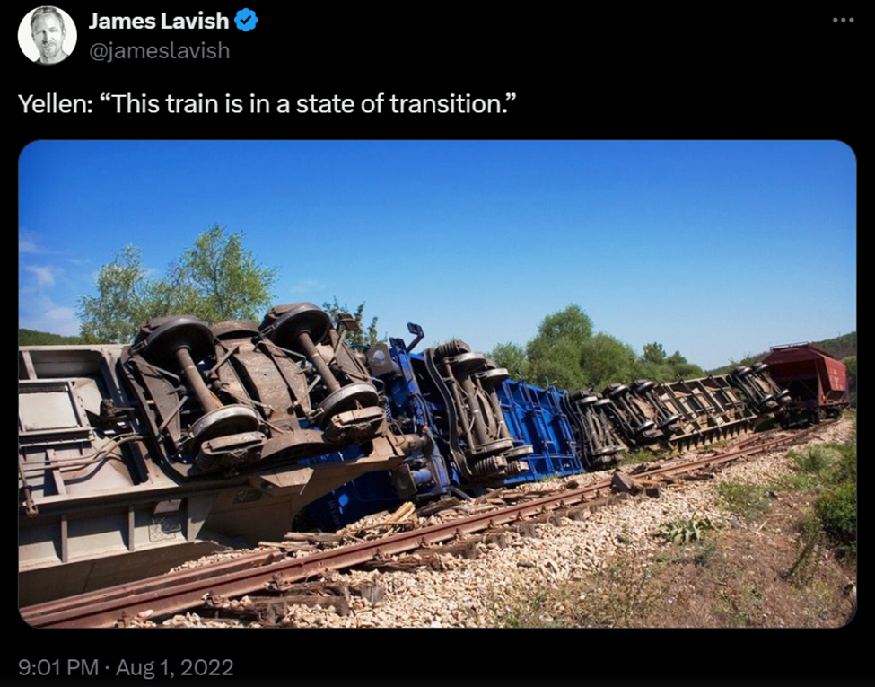 Meme showing a derailed train and a hypothetical description from Janet Yellen calling the train as being in a "state of transition"