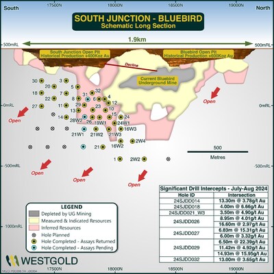 Figure 3 – Bluebird South Junction Long Section showing 2024 Resource Definition drill holes & significant intersections returned during July & August 2024 (for results of previously drilled holes refer to ASX Releases of 14 May and 2 July 2024). (CNW Group/Westgold Resources Limited)