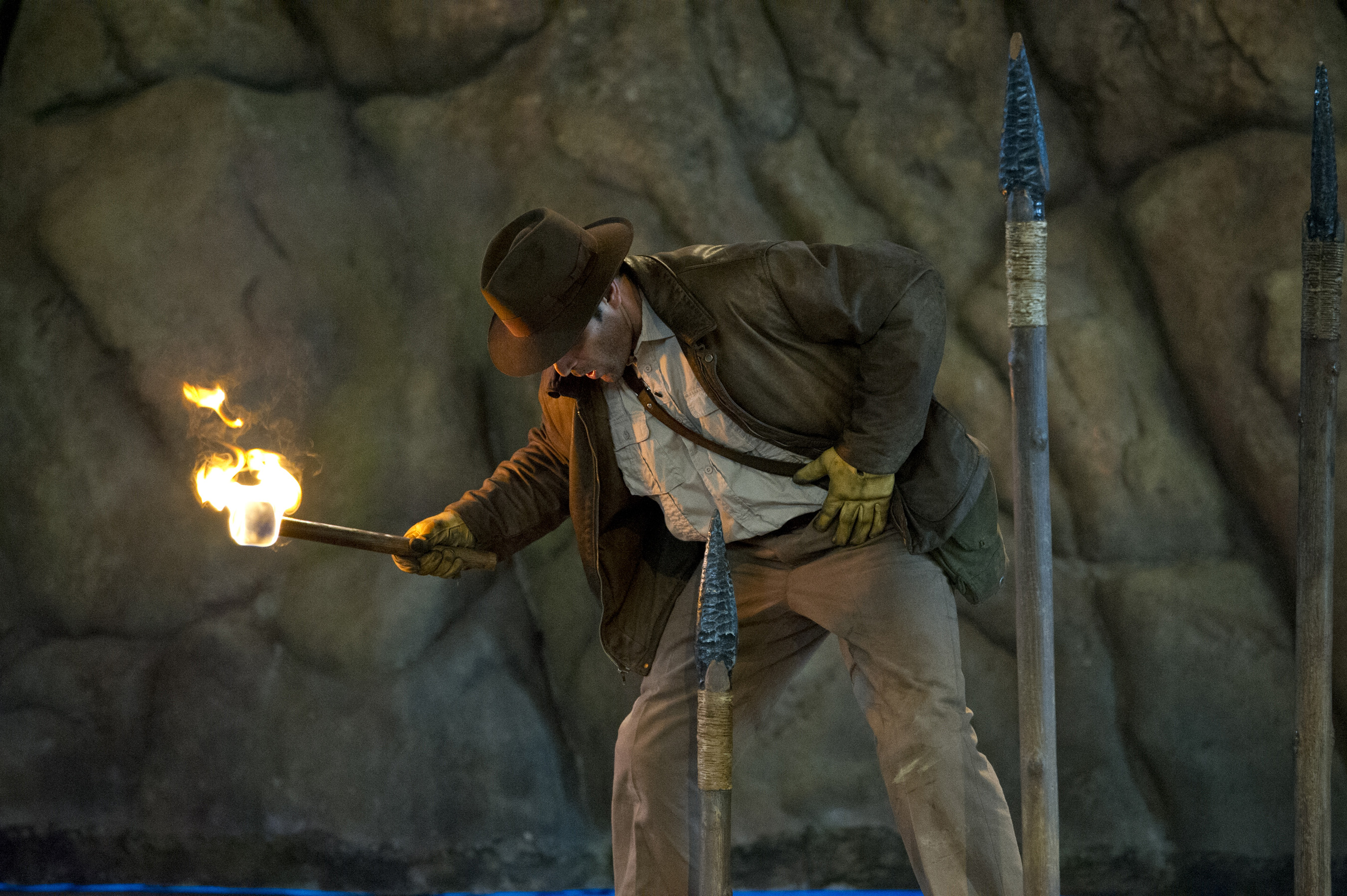 Indiana Jones avoiding rising spikes at Disney's Hollywood Studios' Indiana Jones Stunt Spectacular show.