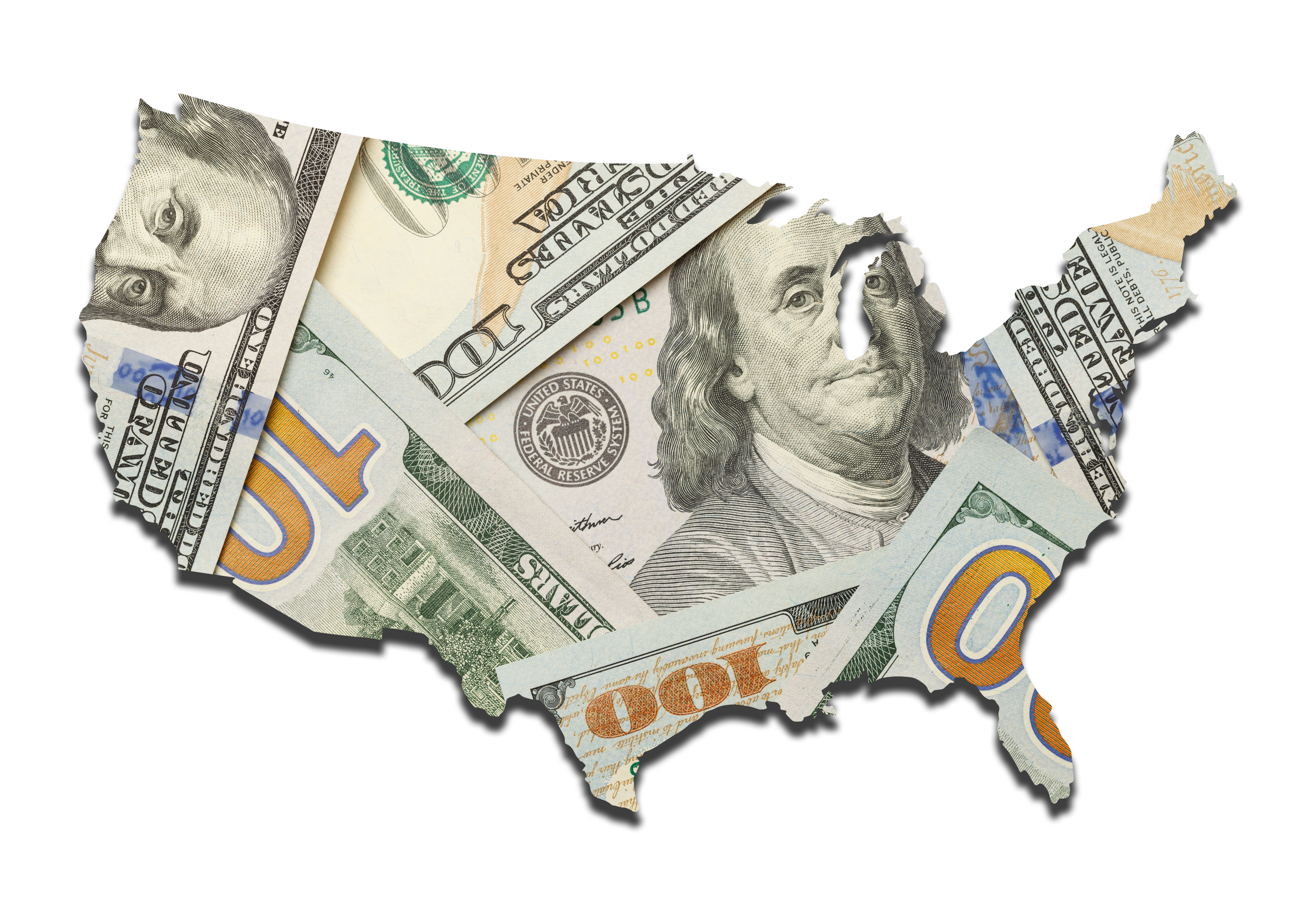 A map of the U.S. overlaid with $100 bills.