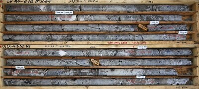 Figure 2: Very high-grade spodumene pegmatite interval with very large spodumene crystals from the western area of CV5 (drill hole CV24-616), located approximately 2 km west of the high-grade Nova Zone. The core grades <percent>4.76%</percent> Li2O over 8.5 m (286.9 m to 295.4 m). (CNW Group/Patriot Battery Metals Inc.)