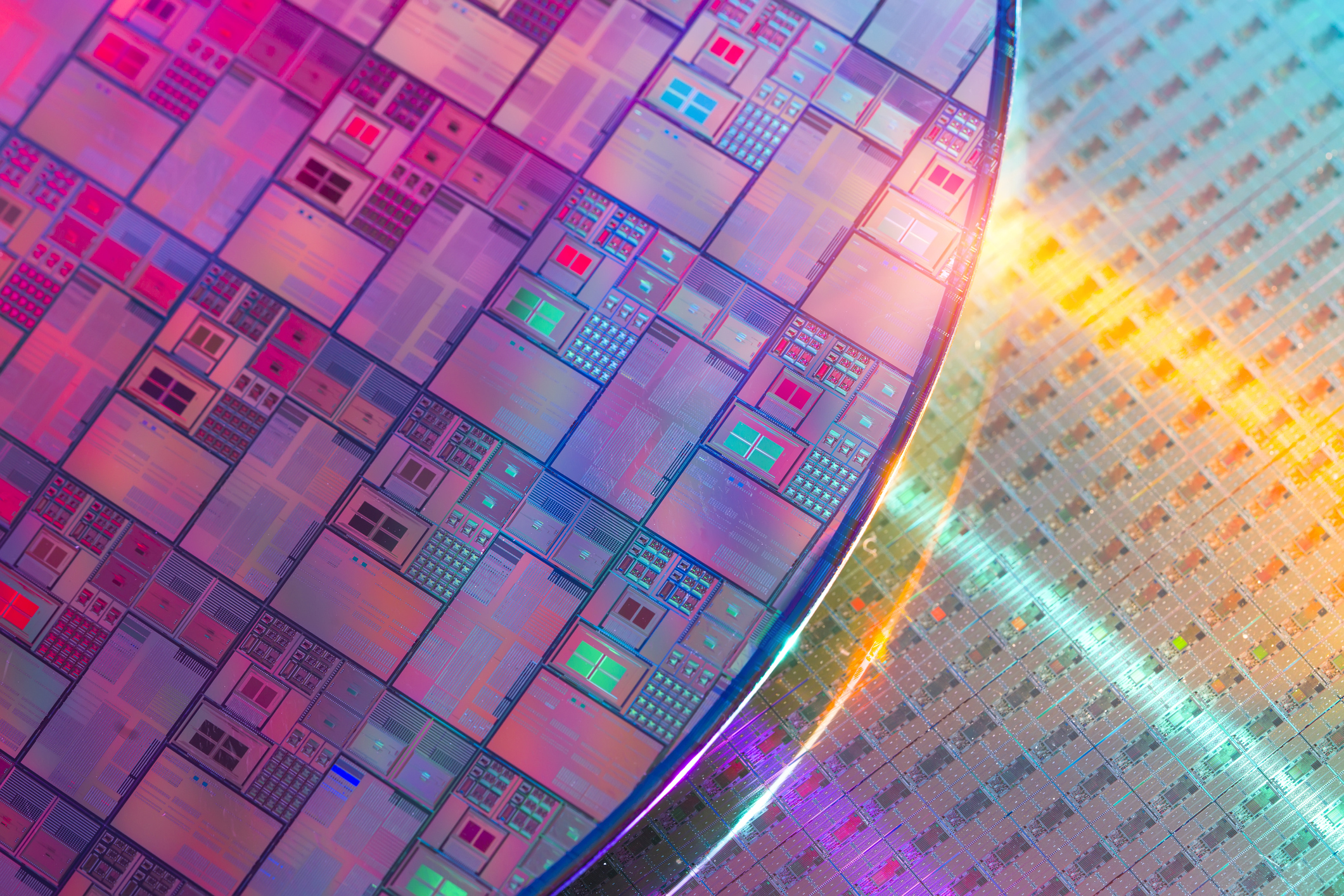 Silicon chips on a wafer.