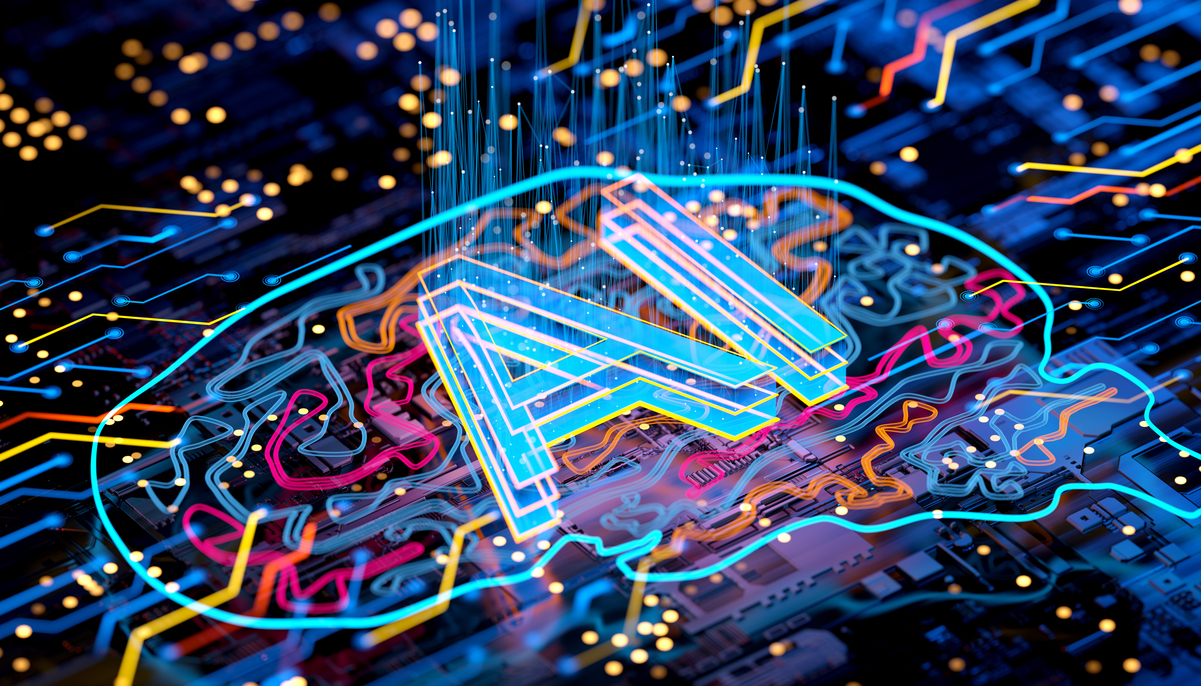 A circuit board with the outline of a brain overlaid and the letters AI printed inside it.