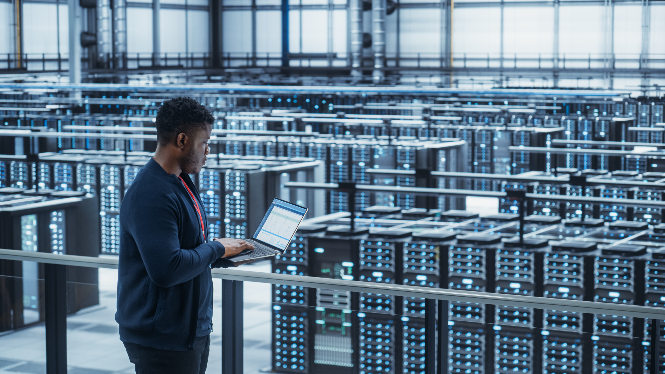 An engineer in a data center. 