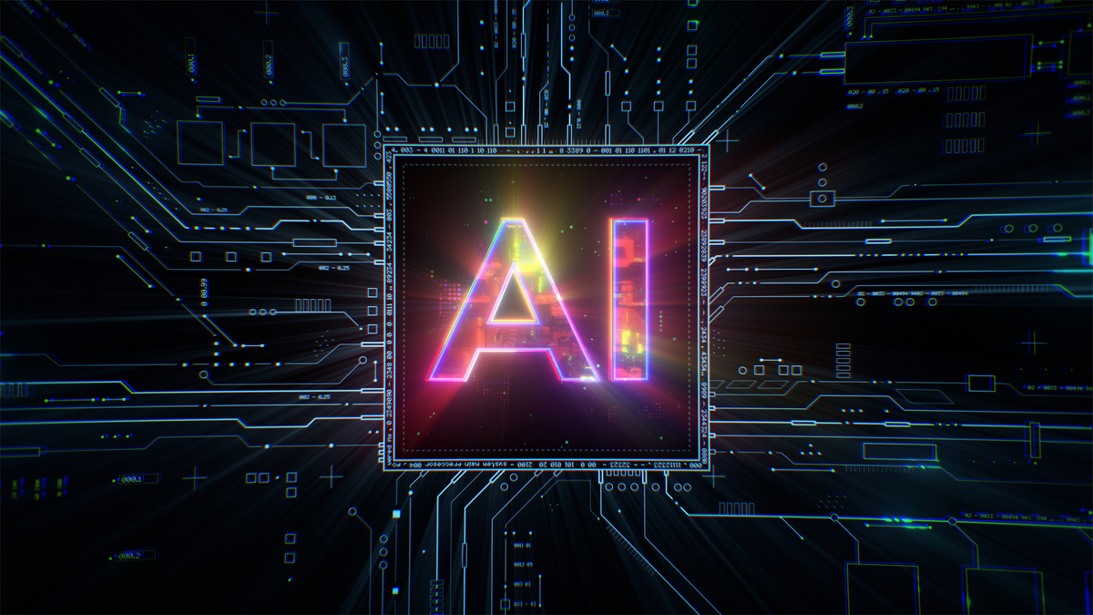 A circuit with a big chip in the center with the letters AI lit up on it.