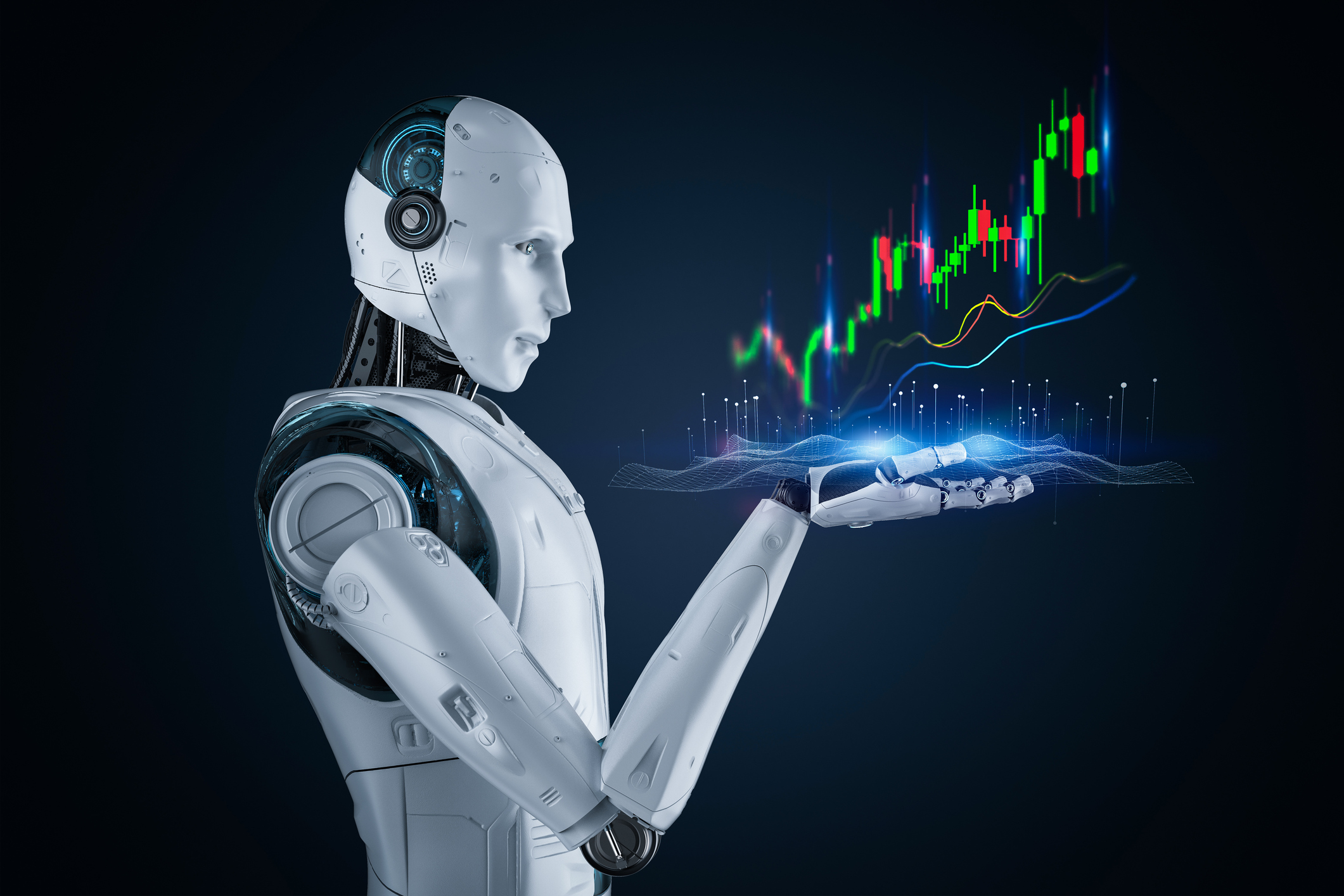 A robot holding a tablet with a stock chart coming out.