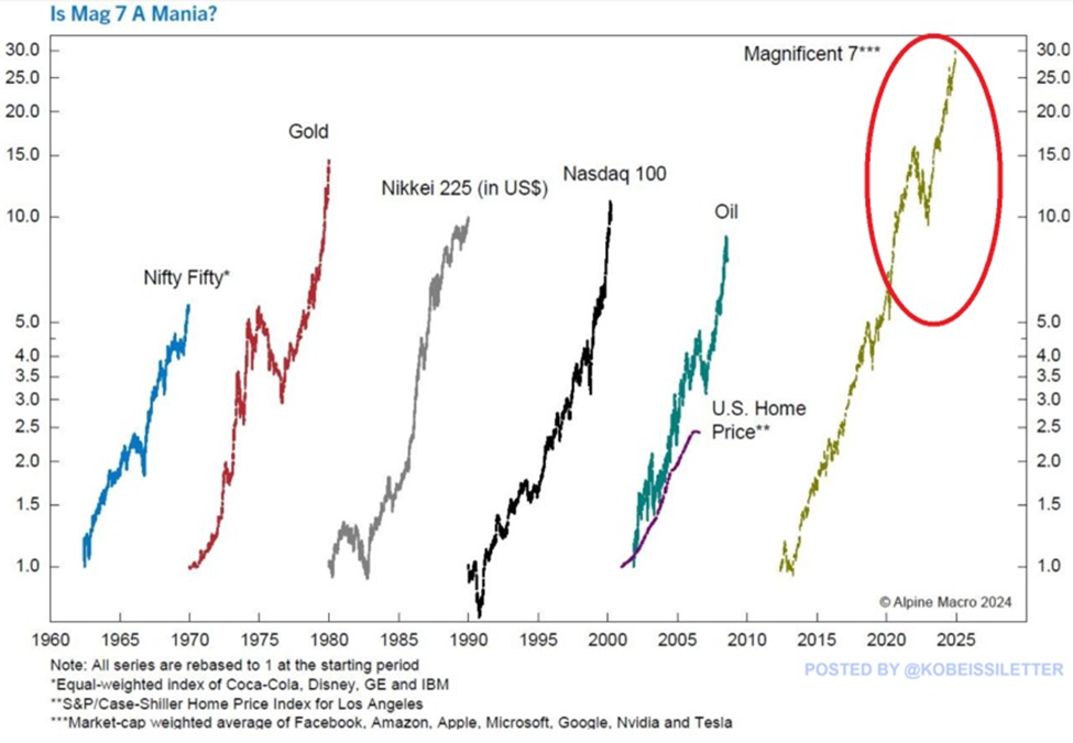 Chart showing the Mag 7 stocks are now valued 30 times higher than they were just 10 years ago.