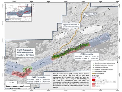 Figure 1: Highly prospective lithium pegmatite corridors anticipated to be drill tested in 2025, as well as primary areas for condemnation drilling. (CNW Group/Patriot Battery Metals Inc.)